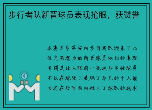 步行者队新晋球员表现抢眼，获赞誉